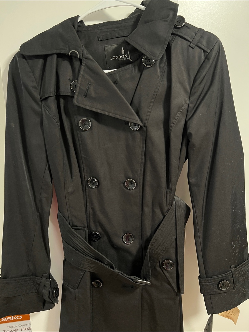 London Fog Black Double-Breasted Trench with Waist Tie